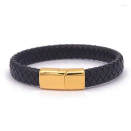 Charm Bracelets Trendy Black Color Mens Genuine Leather Braided Fashion Jewelry With Gold Tones Stainless Steel Magnetic Clasp