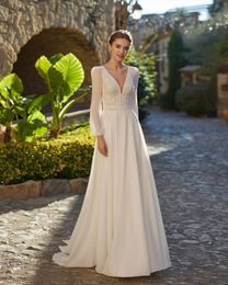 Wedding Dress 2023 New Luxury Full Sleeve Sexy V-neck Bride Dress With Train Chiffon Elegant Beach Classic Wedding Gowns