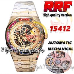 2023 RRF ZY15412 Automatic Mechanical Mens Watch Rainbow T Diamonds Bezel Frosted Gold Case Skeleton Dial Double Balance 316L Stainless Bracelet eternity Watches
