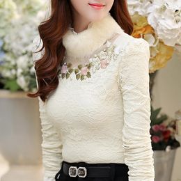 Women's T Shirts Autumn Winter Women Plus Velvet Thick Bottomed Shirt Female High Necked Lace Tops Long Sleeved Warm Blouses 3XL
