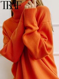 Women s Sweaters TRAF 2023 Winter Women Long Sleeve Knit Vintage Turtleneck Loose Jumper Female Oversize Elegant Pullovers Orange Tops 230809