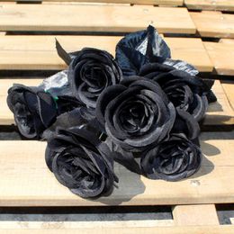 Decorative Flowers 5 Heads Gothic Artificial Halloween Fake Black Rose Bouquet Valentine Plant Practical Home Wedding Decorations 35cm