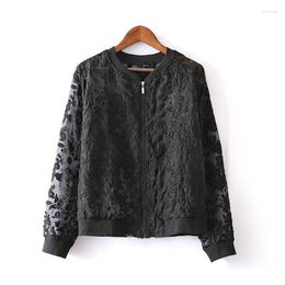 Women's Jackets Spring Summer Short Coat Stand Collar Bomber Jacket Organza Lace Women Black White Casual HK280