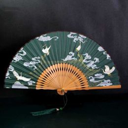 Chinese Style Products Retro Chinese Handheld Folding Fan Bamboo Classical Crane Printed Silk Female Dance Fan Home Decorations Dance Wedding Gift Souv R230810