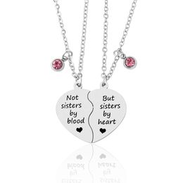 2 Pcs/Set Stainless Steel Pink Crystal Charm Not Sister By Blood Heart Pendant Necklace