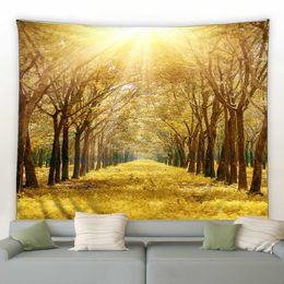 Tapestries Autumn Forest Stream Landscape Tapestry Natural Scenery Wall Hanging Golden Trees Leaves Tapestries Tapiz Wall Decor Blanket