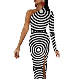 Casual Dresses Abstract Line Print Maxi Dress Long Sleeve Mod Circles Elegant Bodycon Spring Party Women Design Clothes