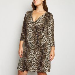 Plus Size Dresses 3/4 Sleeve Spring Autumn Sexy Wrap Dress Women V-neck Leopard Print Sheath Large Work Office 5XL 6XL