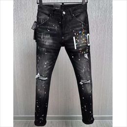 Mens Jeans Fashion Hole Letter Printing Spray Paint Casual Trendy High Street Denim Fabric Pants 9881# 230809