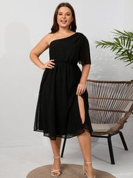 Plus Size Dresses One Shoulder For Women Black A Line High Waist Midi Gowns Half Sleeve Slit Evening Cocktail Event Party Robe