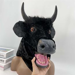 Halloween Realistic Moving Mouth Horn Mask Horror Black Cow Grey Wolf Plush Headsuit Carnival Masquerade Party Animal Props HKD230810