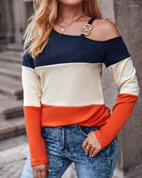 Women's Blouses 2023 Ninimour Women Colorblock Cold Shoulder Long Sleeve Top Shouder Spring Autumn Pullover Blouse Female Ropa
