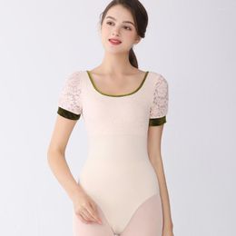 Stage Wear White Ballet Jumpsuit Women Lace Dance Leotard Adult Short Sleeved Practise Suit Yoga Clothes Girls