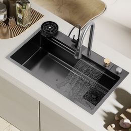 304 Stainless Steel Kitchen Sink With Waterfall Faucet Single Bowl Basin Workstation Topmount Black-gray Sink With Accessories