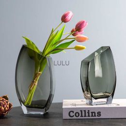 Creative geometric oblique mouth square transparent glass vase Nordic light luxury soft decoration flower arrangement HKD230823