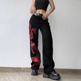 Womens Pants Capris Harajuku American Snake Print Asymmetric Mom Jeans Women Drag Cool Girls Personality Design Loose Straight Mop 230809