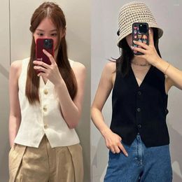 Women's Vests V-neck Knitted Suit Vest Women Black Beige 2023 Summer Corset Tops Sleeveless Cardigan Waistcoat