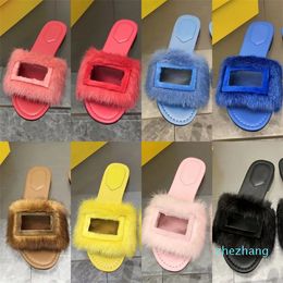 2023-Womens fuzzy sandales Luxury Designer Shoe Signature Mink Fur hair Slippers popular slides flat base Slide indoor sandal house wool