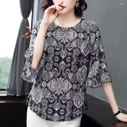 Women's Blouses Elegant Fashion Black Color Printed Thin Chiffon Shirt Summer 2023 Half Sleeve O-Neck Loose Pullover Blouse Clothing A63