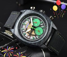 Popular Mens Big Lumious Dial Watches Stopwatch Fabric Belt Clock Quartz Movement Chronograph Sub Dials Working Black Marble Pattern Case Hollow Dial Watch Gifts