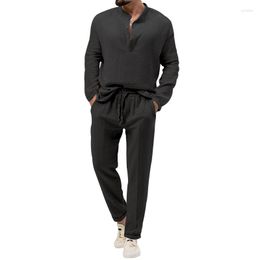 Men's Tracksuits 2023 Selling Summer Retro Light And Simple Commuter Long-sleeved Trouser Suit Solid Colour Loose Round Neck Henley Shirt