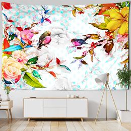 Tapestries Bouquet Flowers Flying Bird Illustration Tapestry Wall Hanging Nature Botanical Aesthetic Room Boho Tropical Living Room Decor