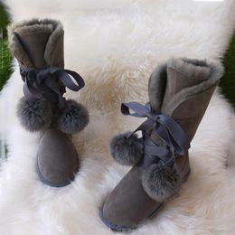 Boots Lace Up Natural Fur Winter For Women High Genuine Sheepskin Leather Snow Warm Wool Long Shoes