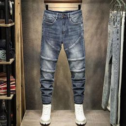 Men's Jeans Street Fashion Men Retro Blue Elastic Skinny Fit Spliced Biker Homme Zipper Designer Hip Hop Denim Pencil Pants