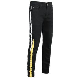 Mens Skinny Designer Jean Black Side Stripe Biker Jeans Slim Elastic Hip Hop Pants 205T