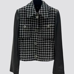 Women's Jackets 2023 Early Fall Temperament Black And White Line Cheque Wool Tweed With Leather Sleeve Jacket 230810