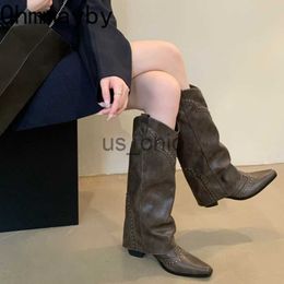 Boots Woman Western Cowgirl Boot Fashion Slip On Long Booties Autumn Winter Square High Heel Girl Shoes J230811