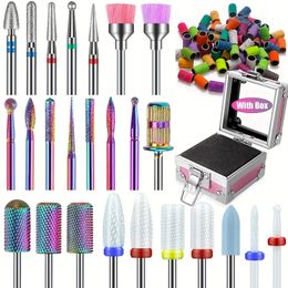 25Pcs Nail Drill Bits Set With Pink Holder And 50Pcs 8 Colours Sanding Bands, Tungsten Carbide Ceramic Diamond 3/32 Inch Nail Drill Bits Remove Acrylic Poly Nail Gel Nail