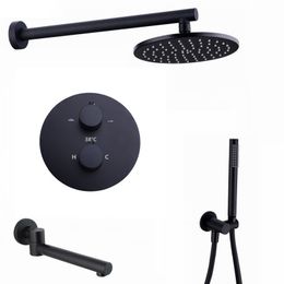 Brass Black Shower Faucets 8-12" Rainfall Shower Head Bathroom Shower Set Diverter 2&3 Ways Thermostatic Valve Shower System