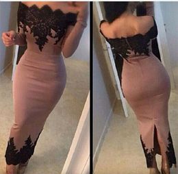 Sheath Ankle Elegant Length Evening Dresses for Woman Off Shoulder Long Sleeve Black Lace Appliques Special Ocn Wear Prom Dress Back Slit