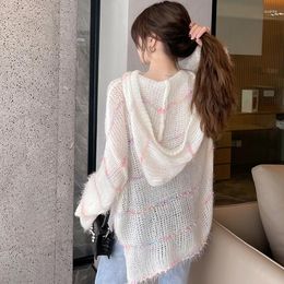 Women's Sweaters Y2k Girl Flare Long Sleeve Loose Knit Hoodies Sweet Women Pullover Hooded Stripe Sweater 2023 Korean Fashion Mujer Thin
