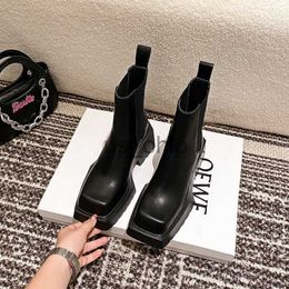 Boots Genuine Leather Women Nude Boots New Chunky Heel Chelsea Boots Square Toe High Heeled Short Boots Designer Fashion Women Boots J230811