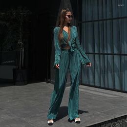 Women's Two Piece Pants Foreign Trade Clothing 2023 Autumn Style Temperament Niche Solid Colour Long Sleeved Shirt Wide Leg Casual Set