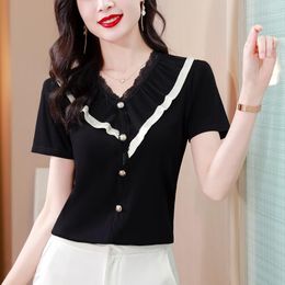 Women's T Shirts ZUO MAN RU 2023 Summer V-neck Black Silk Chiffon Shirt Top Loose Large Pleated Lace Panel Slim T-shirt