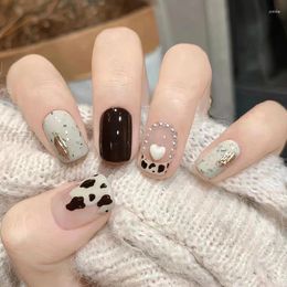 False Nails Tea Brown Cow Pattern Milk Sugar Nail Enhancement Pearl Love Diamond Wear White