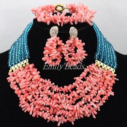 Necklace Earrings Set 6 Rows Sky Blue Crystal Beads Mix Pink Coral Nigerian Wedding African Costume Jewellery CJ563