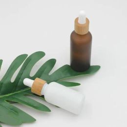 wholesale Frosted Matte Amber White Glass Dropper Bottle 15ml 30ml 50ml with Bamboo Cap 1oz Wooden Essential Oil Bottles LL