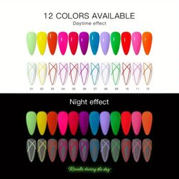12 Colours Glow in the Dark Gel Painted Liner Nail Polish Set for DIY Nail Art - Luminous Neon Drawing Line Gel Nail Polish Set