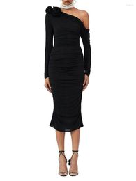 Casual Dresses Women Sexy Long Sleeve One Shoulder Bodycon Midi Dress 3D Flower Ruched Elegant Rosette Party Cocktail