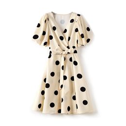 2023 Summer Apricot Polka Dot Waist Belted Dress Short Sleeve V-Neck Knee-Length Casual Dresses W3Q014208