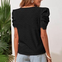 Women's Blouses Lady Solid Color T-shirt Stylish O Neck Pleated Blouse Breathable Soft Fashionable Summer Top With Short Bubble Sleeves