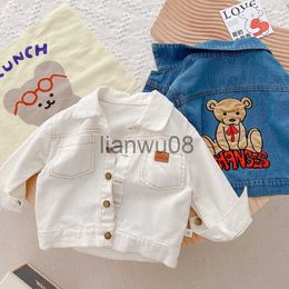 Jackets 2023 Autumn New Children Bear Cardigan Denim Coat Baby Long Sleeve Patch Cartoon Tops Kid Boy Girl Casual Cotton Pocket Jacket x0811