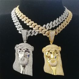 Pendant Necklaces Iced Out Jesus Christ Portrait Pendant Necklace With Hip Hop 13mm Width Cuban Chain Choker Fashion Crystal Religious Jewelry 230810