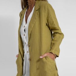 Women's Trench Coats Office Ladies Long-Sleeved Slim Coat Fashion Casual Cotton Linen Long Suit Blazer Elegant Nothed Collar Pocket