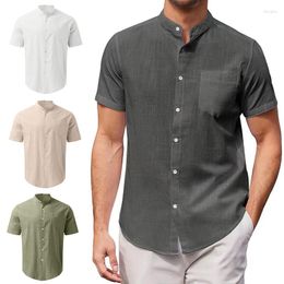 Men's Casual Shirts Retro Designer Shirt Solid Short Sleeve Black Loose Standing Neck Cotton Linen