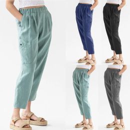 Women's Pants Fashion Cotton Linen Pockets Solid Colour Summer Loose Fitting High Waisted Womens Casual Wide Leg Trousers